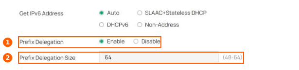 Omada ER707-M2(TP-Link) のWAN設定。Prefix Delegation が Enable、Size が 64